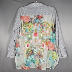 John Mark Womens S Gray Floral Embroidered Tunic Top Boho Artsy Roll Tab Sleeve
